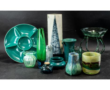 Collection of Green Glass &amp; Porcelain, including an 11'' art vase made in Cornwall decorated to the front with a tree, si