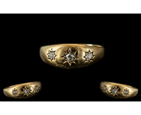 Antique Period 18ct Gold - 3 Stone Diamond Ring, Star burst Setting. Hallmark Birmingham 1901, Diamonds of Good Colour. Ring 