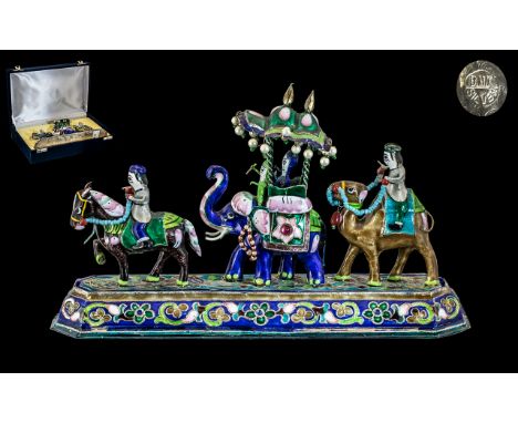 Indian - B.H.I Large and Impressive Silver and Cloisonne - Enamel Figure Group, Raised on Wonderful Enamel Decorated Base, De