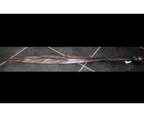 Luba Tribal Art Ceremonial Staff (DRC) with a paddle shaped blade, with relief carved panels. 90 cm long,