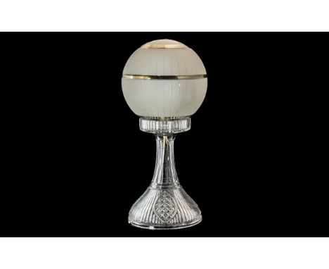 Early to Mid Century Mushroom Shaped Glass Lamp, with frosted globular shade on a clear cut glass base.  Height 17". Together