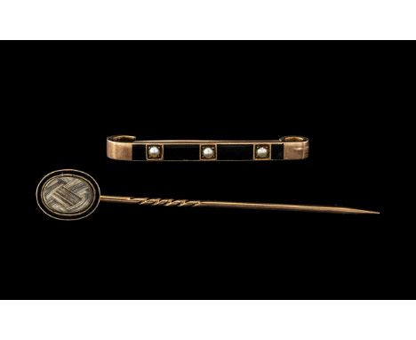 Victorian Black Enamelled Mourning Stick Pin Glazed Front With Braided Hair, Engraved Name And Dated To Reverse 1888, Tests 9