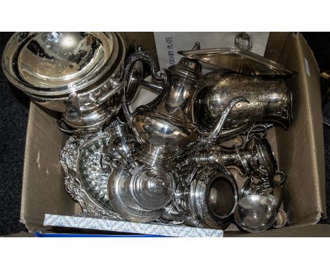 A Box Containing a Quantity of Silver Plated Items to include serving dishes, tureens, tea service etc. 