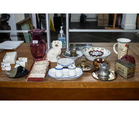 Quantity of Assorted Porcelain &amp; Glass Items, including a cranberry glass fluted top 9'' vase, a box of porcelain flower 