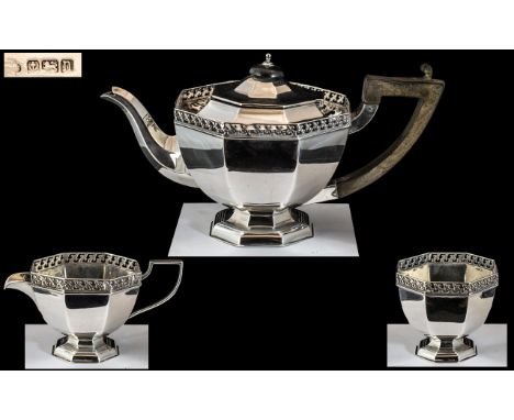 Arts and Crafts Style Singles ( 3 ) Piece Sterling Silver Tea Set of Pleasing Proportions. All Pieces with Fleur - De - Lis D