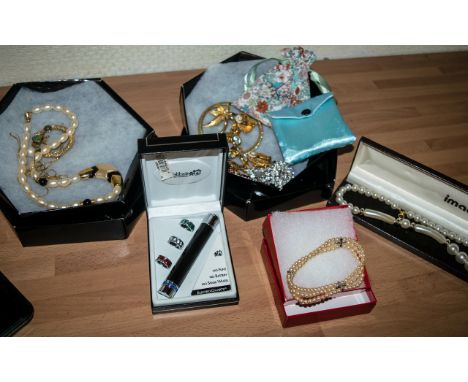 Collection of Costume Jewellery, to include gold tone necklace in box, fashion lighter, Imado modern pearls, bangle, Napier b