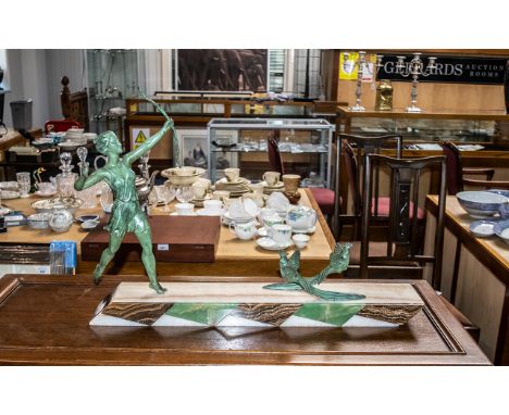 French Art Deco Period Large Patinated Green Spelter Figure Group, Raised on a Geometric Marble Base. c.1930's. Featuring a F