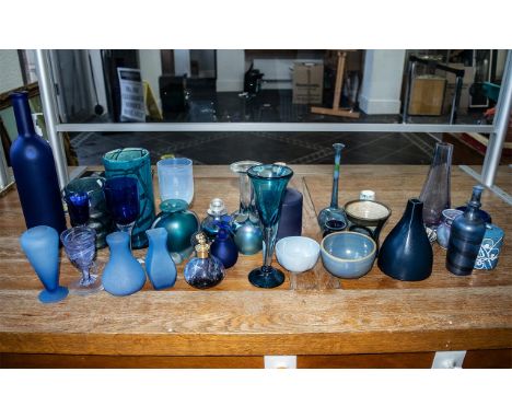 Quantity of Blue Glass &amp; Pottery Items, including two cylindrical vases 5" and 7.5" tall, two cobalt blue stemmed glasses