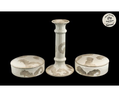 Poole Pottery Candle Stick, Stamps to Base. Approx 7.5 Inches High, Together with ( 2 ) Round Lidded Pots. ( 3 ) Items In Tot