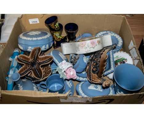 Collection of Wedgwood, Porcelain and Glass Items, including Blue Jasper trinket boxes, a table lighter, pin dishes, vases, c