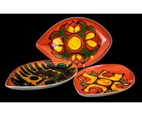 Poole Pottery - Set of 3 Delphis Spear Trays, All Different. Approx 8 by 12 Inches. Please See Photo. 