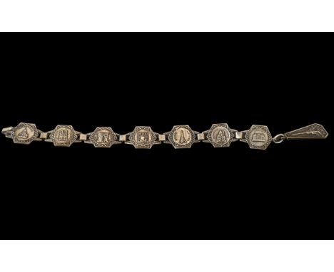 French Art Deco Silver Bracelet. Each Panel Depicting Different Buildings of France. 7 Inches In Length. 