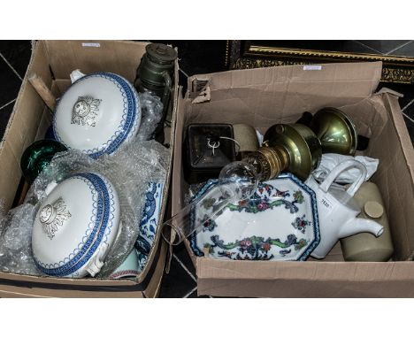 Two Boxes of Mixed Ceramics & Collectibles, including two blue and white lidded tureens, Oriental blue and white bowls, assor