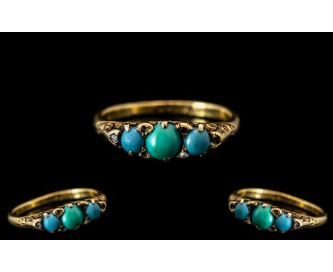 Antique Period - Attractive 18ct Gold - 3 Stone Turquoise Set Ring. Marked 18ct to Interior of Shank, Gallery Setting. Ring S