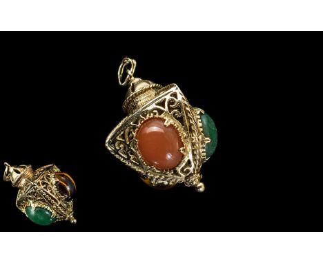 9ct Gold Fob Pendant In The Form Of A Lantern Set With Three Hard Stones, Fully Hallmarked 42 x 23mm Including Bale, Gross We