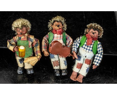 Steiff Vintage Miniature Mecki Hedgehog Friends 3 Pub favourites comprising One with apron and beer glass, One with violin, d