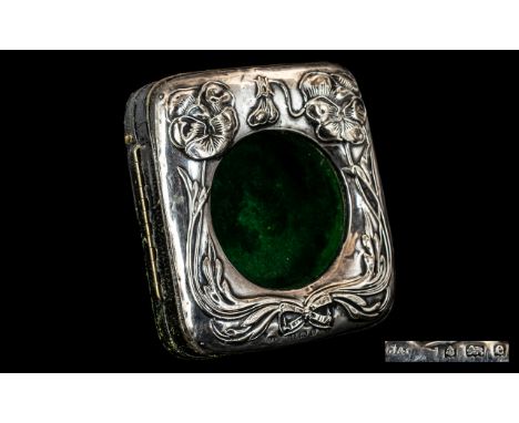 Edwardian Silver Travels Pocket Watch Case. Dated Birmingham 1904, Velvet Lined, Art Nouveau Style, Tulips and Flowers, Lovel
