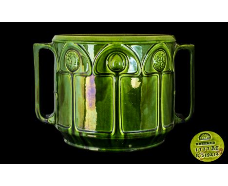 Art Nouveau Bretby Pottery - Impressive and Large Green Glazed Twin Handle Jardiniere. c.1910. Stylised Tulips Design, Bretby