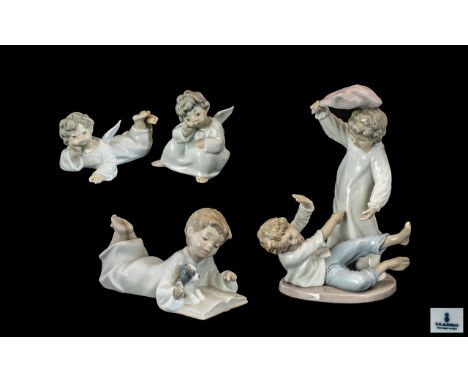 Lladro and Nao Hand Painted Porcelain Figure ( 4 ) Figures In Total. Various Subjects and Sizes. Comprises 1/ Pillow Fights, 