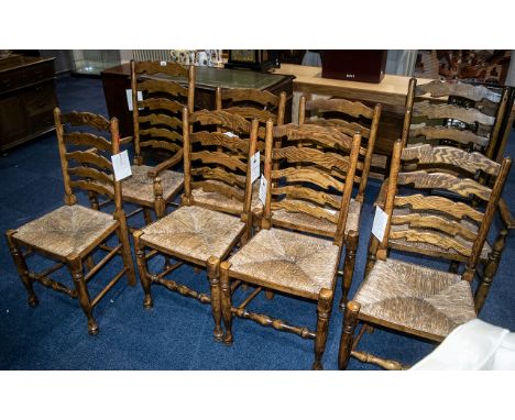 Titchmarsh and Goodwin Set of Eight Lancashire Style Ladder Back Chairs two carvers and 6 stand chairs, all matching with rus