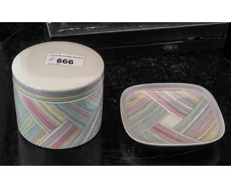 Rosenthal China, two pieces of Candy Stripe porcelain, comprising a lidded trinket box and a square pin dish. 