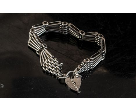 Vintage Silver Gate Bracelet of Fancy Design - Heart Shaped Clasp. Solid Silver of Lovely Design, 6.5 Inches In length. Full 