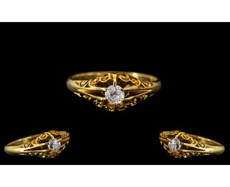 Antique Period Very Attractive 18ct Yellow Gold Single Stone Diamond Ring - Ornate Gypsy Setting. Hallmark London 1898, Beaut