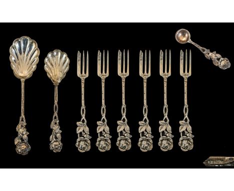 Chinese - Set of Six Naturalistic Sterling Silver Fruit Forks with Floral Stems and Top. Each Marked Sterling Silver. Complet