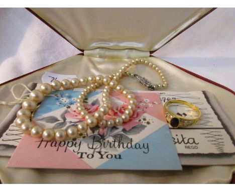 Vintage faux pearl necklace with silver clasp in original box & receipts and gold plated ring