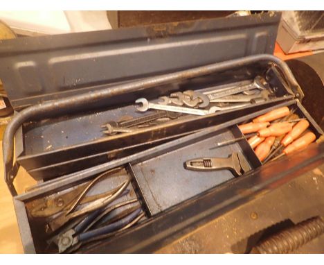 Large cantilever metal toolbox with tool contents to include spanner, screwdriver etc. Not available for in-house P&amp;P, co