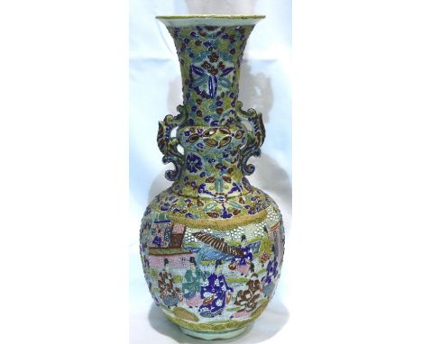 Tall Oriental pierced vase with raised enamel figural decoration, H: 51 cm. Not available for in-house P&amp;P, contact Paul 