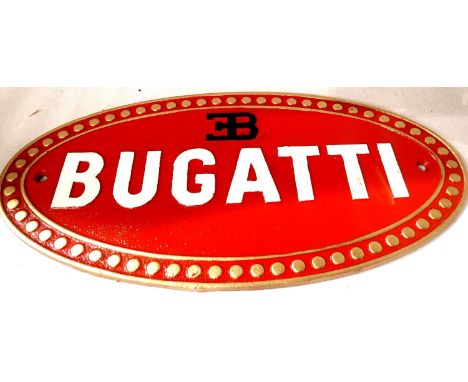 Cast iron Bugatti sign, L: 35 cms. P&amp;P Group 1 (£14+VAT for the first lot and £1+VAT for subsequent lots) 