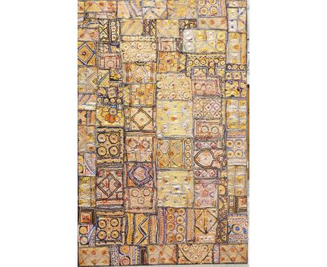 Panel made up of embroidered squares, embroidered with gilt, gold-coloured and silver thread, Middle Eastern-style, 94cm x 14