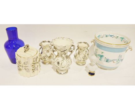 Small quantity of Royal Worcester cups and saucers, a small quantity of Spode Copeland dinner plates, a Bristol blue glass va