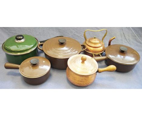 Le Creuset cast iron and brown enamelled lidded casserole, a Cousances cast iron and brown enamelled lidded saucepan,&nbsp;a 