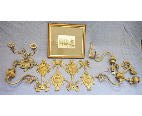 Brass and glass drop ceiling light, assorted brass sconces&nbsp;and assorted brass light fittings, electrolier arms, etc (1 b