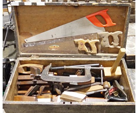 Two vintage wooden tool boxes&nbsp;containing assorted tools to include woodworking planes, G-clamps, saws, etc&nbsp;