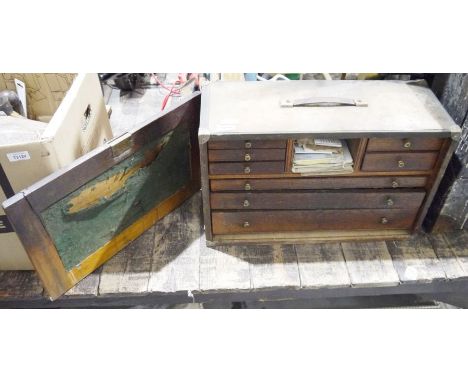 Vintage wooden tool box&nbsp;containing assorted tools to include drill bits, spanners, etc&nbsp;