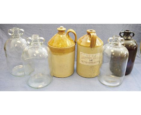 Two stoneware flagons, one with label for 'R J Stokes &amp; Co Ltd, Sheffield',&nbsp;four glass demijohns and a box of assort