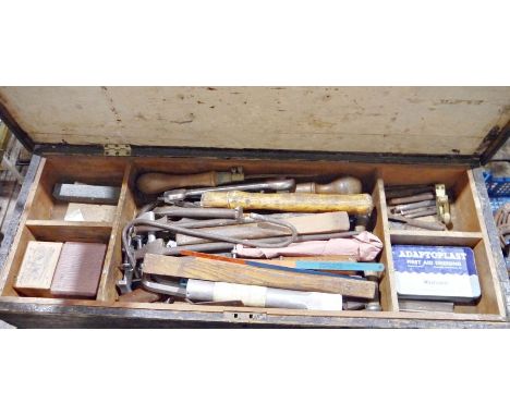 Vintage wooden tool box&nbsp;containing assorted tools to include spanners, chisel, etc&nbsp;