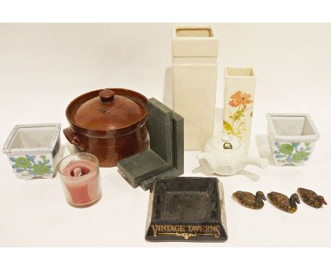 Studio pottery lidded casserole, a vintage Schweppes&nbsp;soda syphon, a quantity of James Bond paperbacks&nbsp;to include Oc