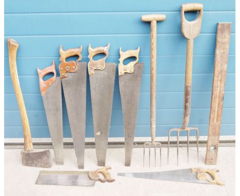 Quantity of tools&nbsp;to include an axe, saws, a Black &amp; Decker circular saw, a Bosch jigsaw, a vintage Lewin combinatio