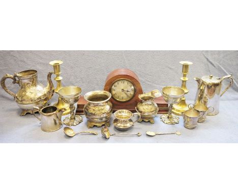 Wooden cased mantel clock, Napoleon-hat shaped, a pair of brass candlesticks, plated teapot,&nbsp;assorted plated wares and a