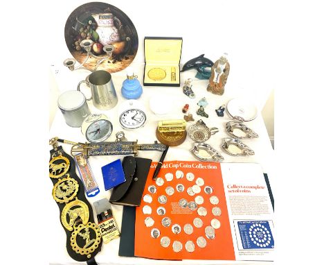 Large selection of collectable items to include silver plate, alarm clocks, Poole pottery, World cup coins, Japanese figures,