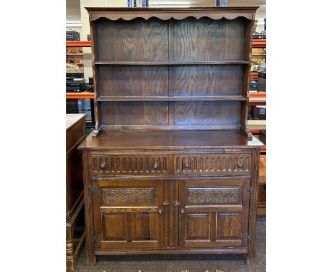 Oak welsh dresser, 2 door, 2 drawer, 2 Shelf plate rack back, approximate measurements Height 70 inches, Width 48 inches, Dep