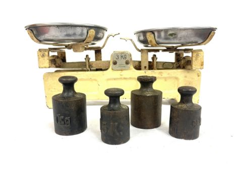 Pair of 1940s beam scales and original weights 