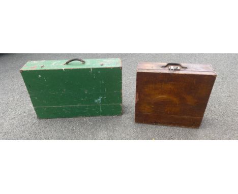 2 Vintage wooden tool boxes largest measures approximately Height 18 inches, Width 30 inches, Depth 10 inches 