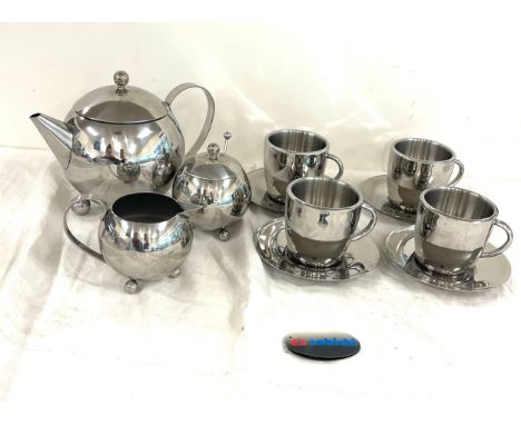 Sabichi stainless steel tea set includes 4 cups, 4 saucers, tea pot, milk jug, sugar pot etc 