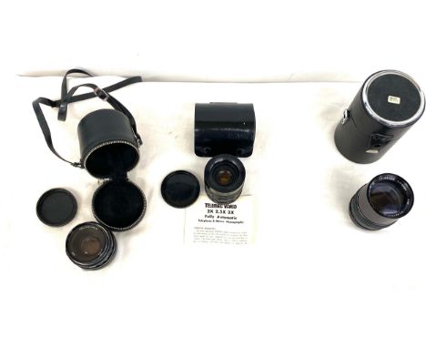 Selection of 3 camera lense's : Helios Auro 1= 135 lens with case , Telemac Vario 2 x auto lens with case, Aston Skylight 52m