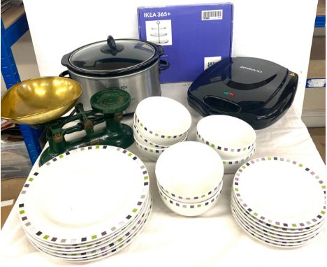 Selection of kitcehnalia to include slow cooker, sandwich maker, kitchen scales (no weights) part Sainsburys dinner set, Ikea